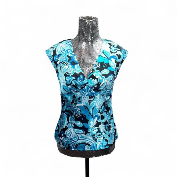 Vintage Y2K Rave Satin Babydoll Top Small Blue Swirl Cap Sleeve Festival Retro - Picture 1 of 7